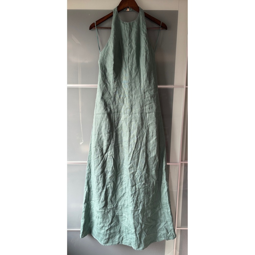 Abercrombie & Fitch Linen Halter Maxi Dress Sage Green High Neck Medium - Picture 3 of 11